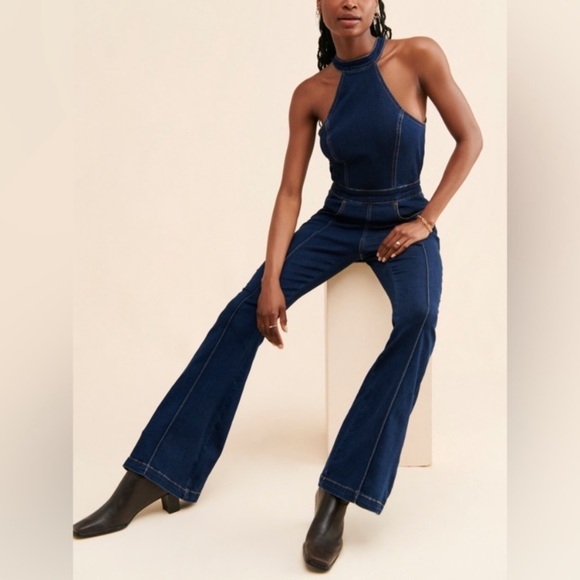 New! Free People curvy Sydney denim halter neck flare leg jumpsuit 28039 - Picture 4 of 16